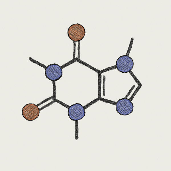 Hand-drawn skeletal structure of caffeine, with nitrogen atoms in blue and oxygen atoms in orange